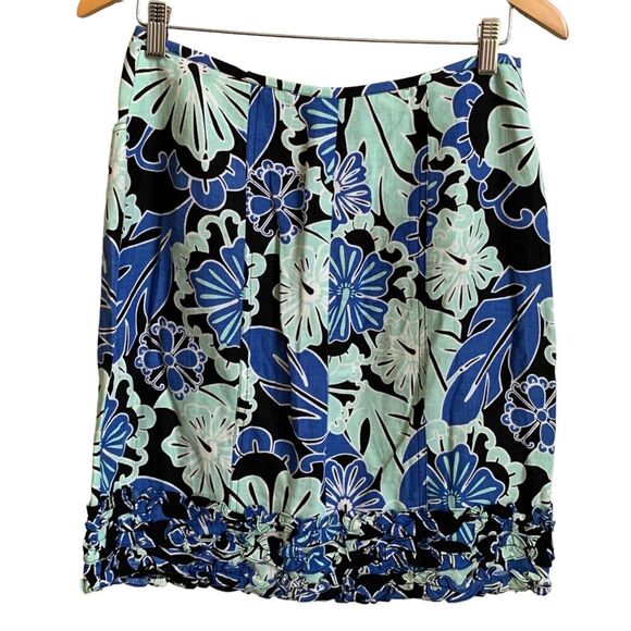 VTG ETCETERA Linen Skirt SIZE 6 Blue and White Ruffled Floral Pockets Front Zip - Picture 2 of 14